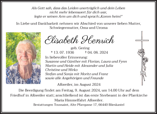 Traueranzeige von Elisabeth Henrich von saarbruecker_zeitung