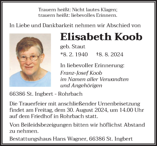 Traueranzeige von Elisabeth Koob von saarbruecker_zeitung