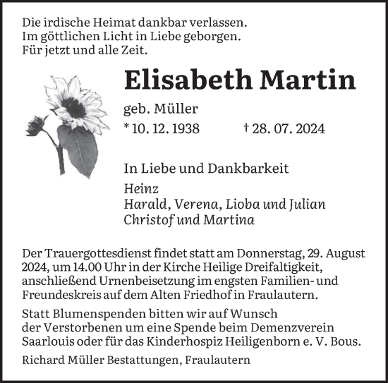 Traueranzeige von Elisabeth Martin von saarbruecker_zeitung