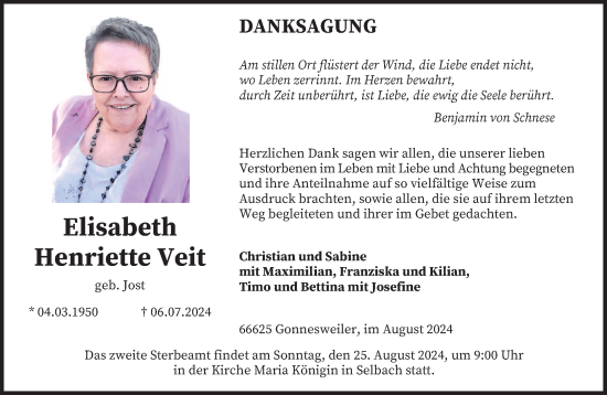 Traueranzeige von Elisabeth Henriette Veit von saarbruecker_zeitung