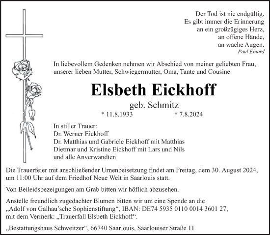 Traueranzeige von Elsbeth Eickhoff von saarbruecker_zeitung