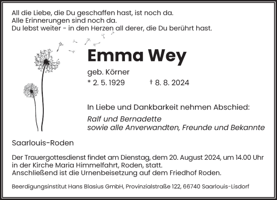 Traueranzeige von Emma Wey von saarbruecker_zeitung