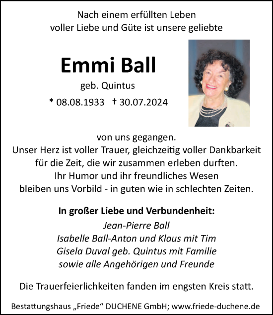 Traueranzeige von Emmi Ball von saarbruecker_zeitung