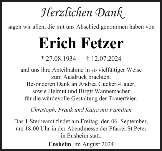 Traueranzeige von Erich Fetzer von saarbruecker_zeitung