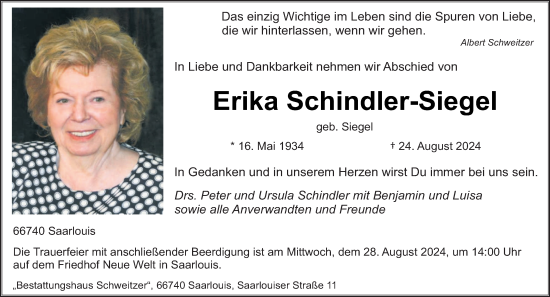 Traueranzeige von Erika Schindler-Siegel von saarbruecker_zeitung