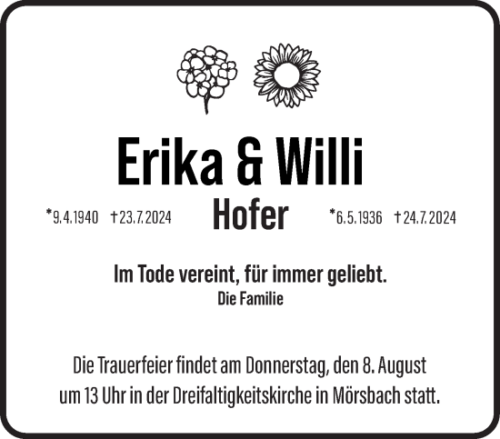 Traueranzeige von Erika und Willi Hofer von saarbruecker_zeitung