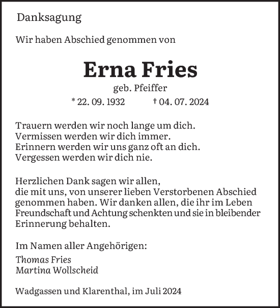 Traueranzeige von Erna Fries von saarbruecker_zeitung