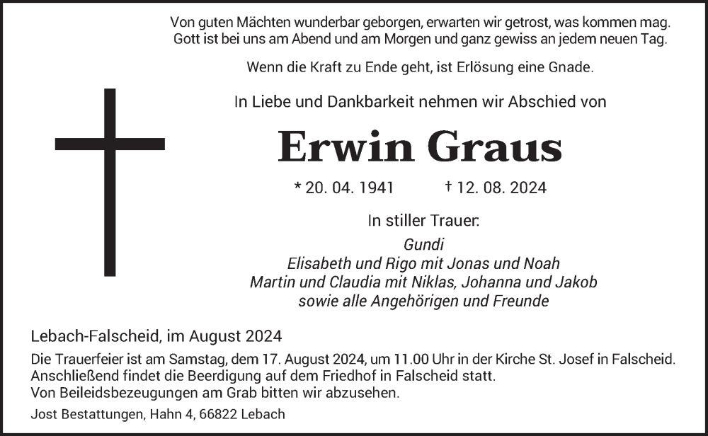  Traueranzeige für Erwin Graus vom 14.08.2024 aus saarbruecker_zeitung