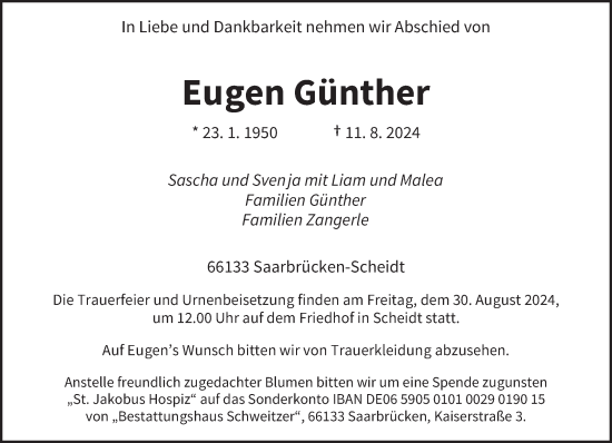 Traueranzeige von Eugen Günther von saarbruecker_zeitung