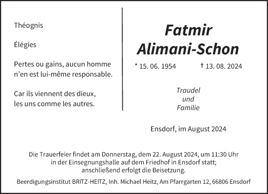 Traueranzeige von Fatmir Alimani-Schon von saarbruecker_zeitung