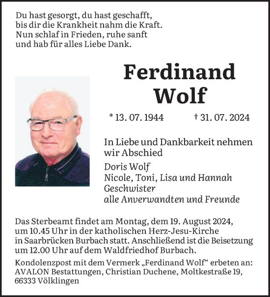 Traueranzeige von Ferdinand Wolf von saarbruecker_zeitung