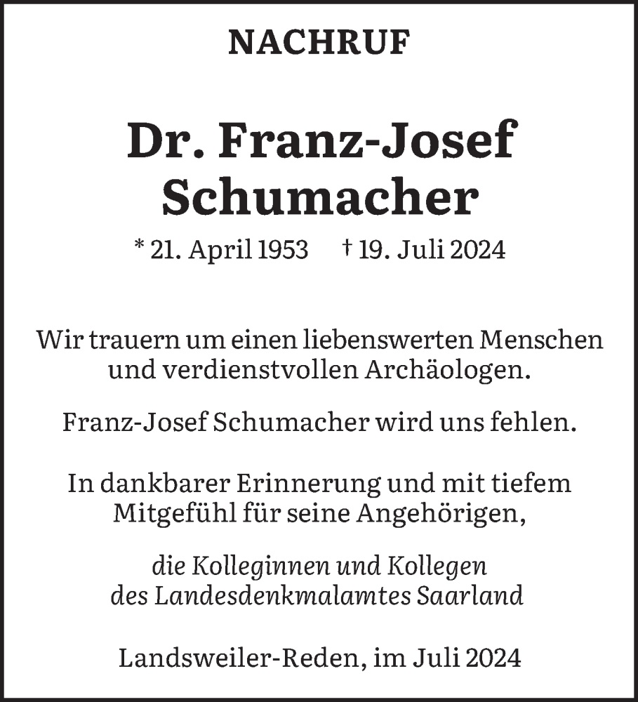  Traueranzeige für Franz-Josef Schumacher vom 03.08.2024 aus saarbruecker_zeitung