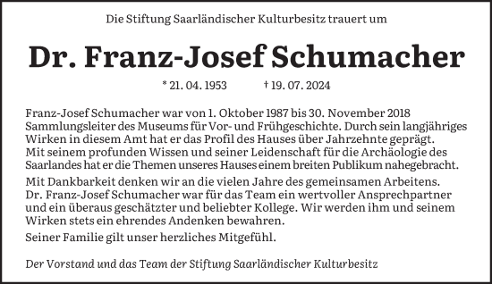 Traueranzeige von Franz-Josef Schumacher von saarbruecker_zeitung