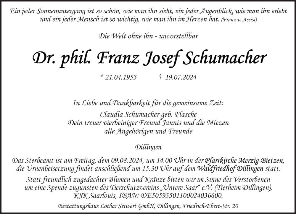  Traueranzeige für Franz Josef Schumacher vom 03.08.2024 aus saarbruecker_zeitung