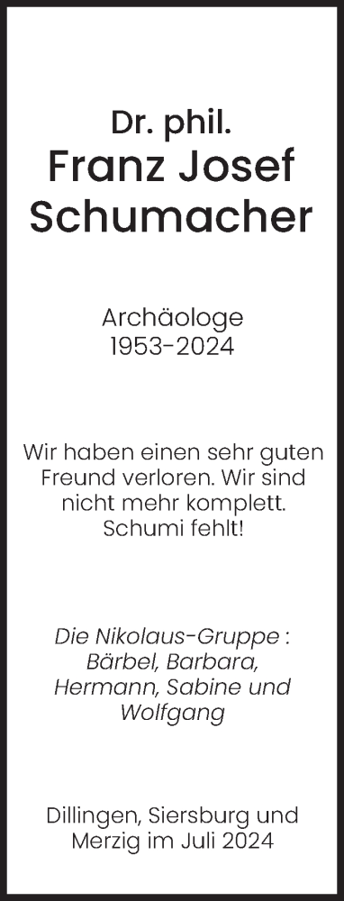  Traueranzeige für Franz Josef Schumacher vom 03.08.2024 aus saarbruecker_zeitung