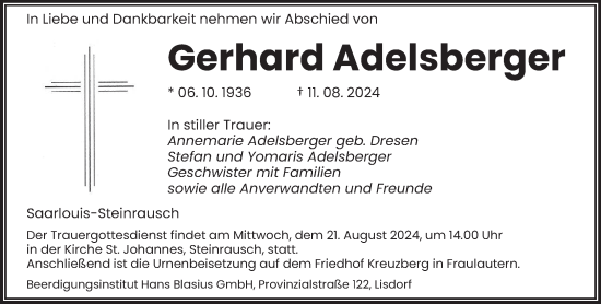 Traueranzeige von Gerhard Adelsberger von saarbruecker_zeitung