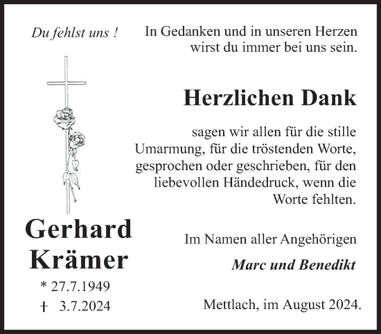 Traueranzeige von Gerhard Krämer von saarbruecker_zeitung