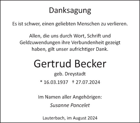 Traueranzeige von Gertrud Becker von saarbruecker_zeitung