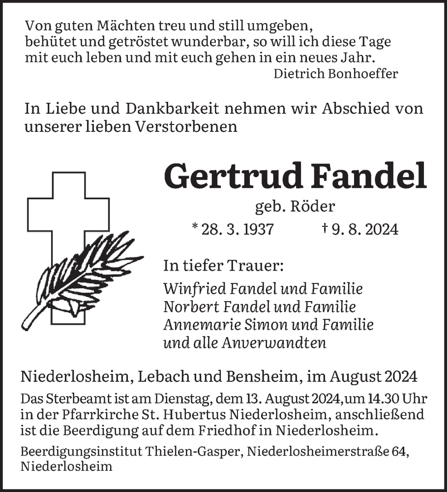  Traueranzeige für Gertrud Fandel vom 12.08.2024 aus saarbruecker_zeitung