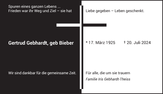 Traueranzeige von Gertrud Gebhardt von saarbruecker_zeitung