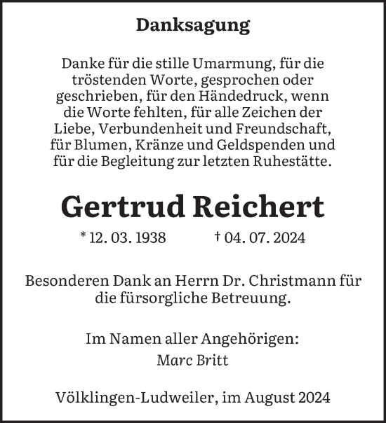 Traueranzeige von Gertrud Reichert von saarbruecker_zeitung