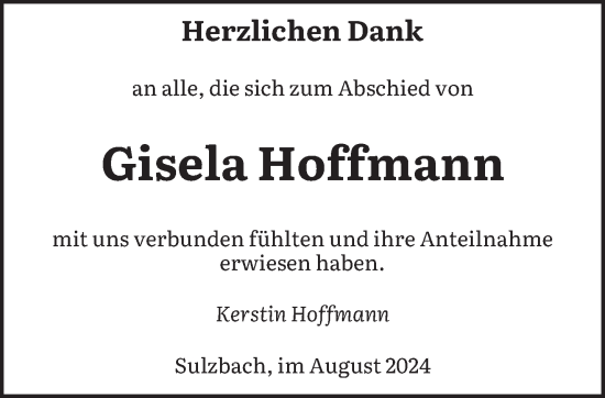 Traueranzeige von Gisela Hoffmann von saarbruecker_zeitung