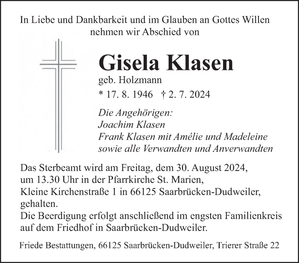  Traueranzeige für Gisela Klasen vom 24.08.2024 aus saarbruecker_zeitung