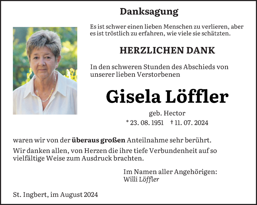 Traueranzeige für Gisela Löffler vom 03.08.2024 aus saarbruecker_zeitung