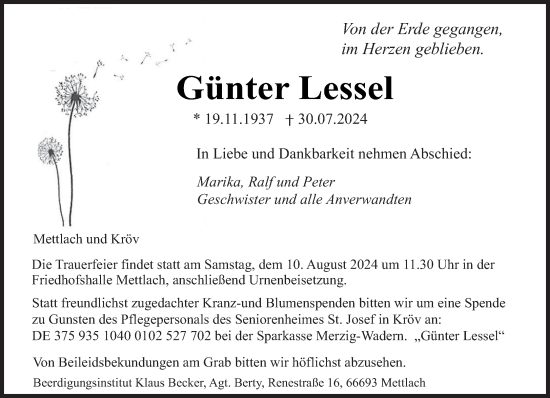 Traueranzeige von Günter Lessel von saarbruecker_zeitung