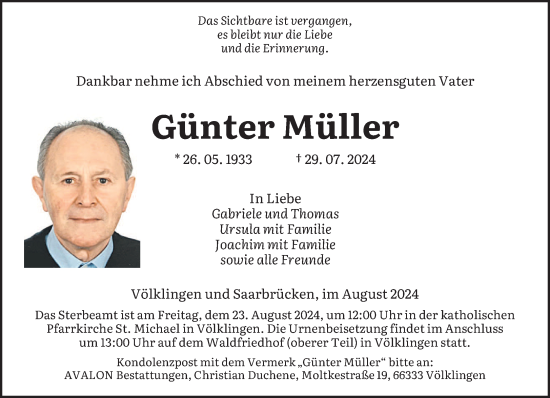 Traueranzeige von Günter Müller von saarbruecker_zeitung