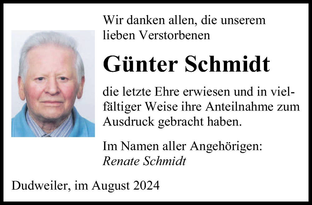  Traueranzeige für Günter Schmidt vom 24.08.2024 aus saarbruecker_zeitung