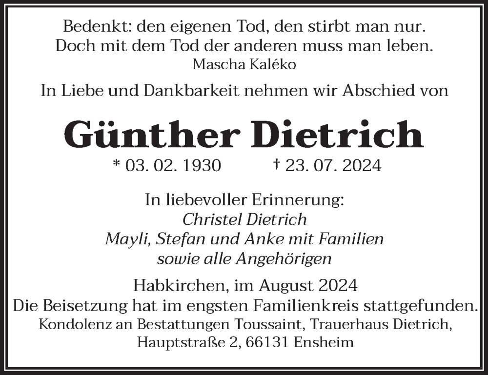  Traueranzeige für Günther Dietrich vom 03.08.2024 aus saarbruecker_zeitung