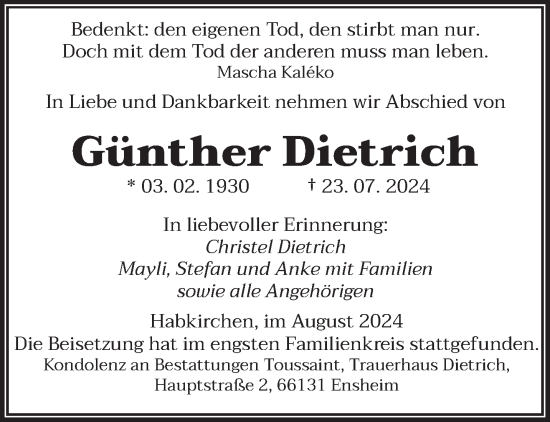 Traueranzeige von Günther Dietrich von saarbruecker_zeitung
