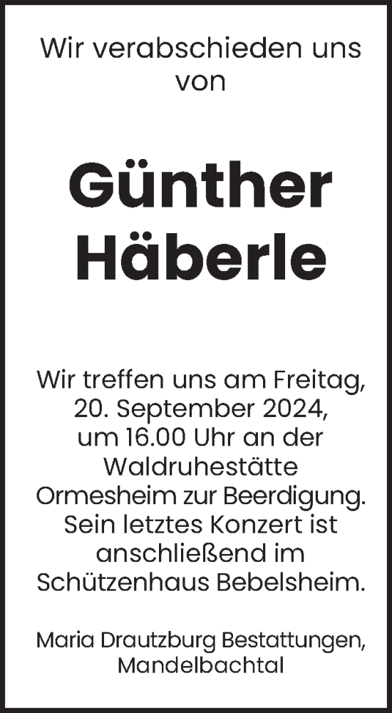 Traueranzeige von Günther Häberle von saarbruecker_zeitung