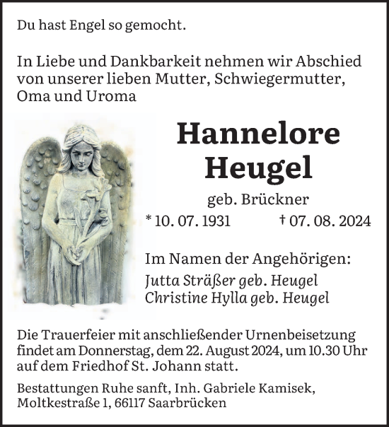 Traueranzeige von Hannelore Heugel von saarbruecker_zeitung