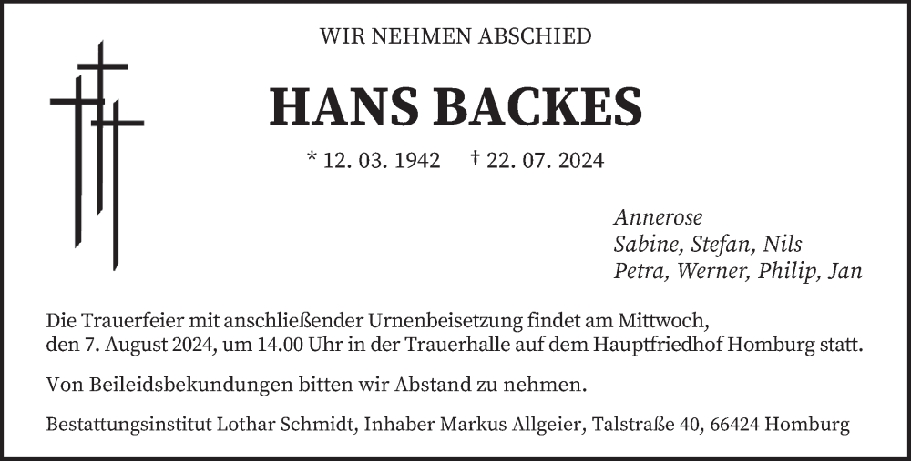  Traueranzeige für Hans Backes vom 03.08.2024 aus saarbruecker_zeitung