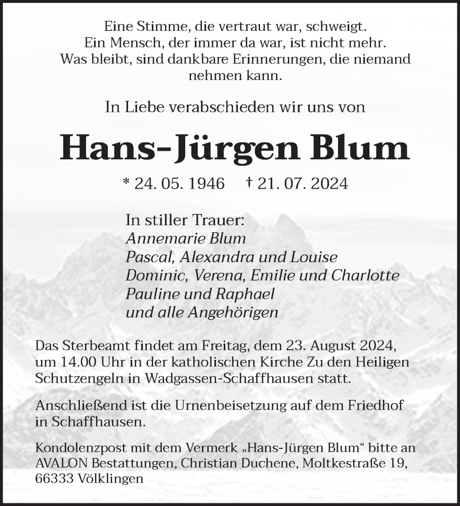  Traueranzeige für Hans-Jürgen Blum vom 17.08.2024 aus saarbruecker_zeitung