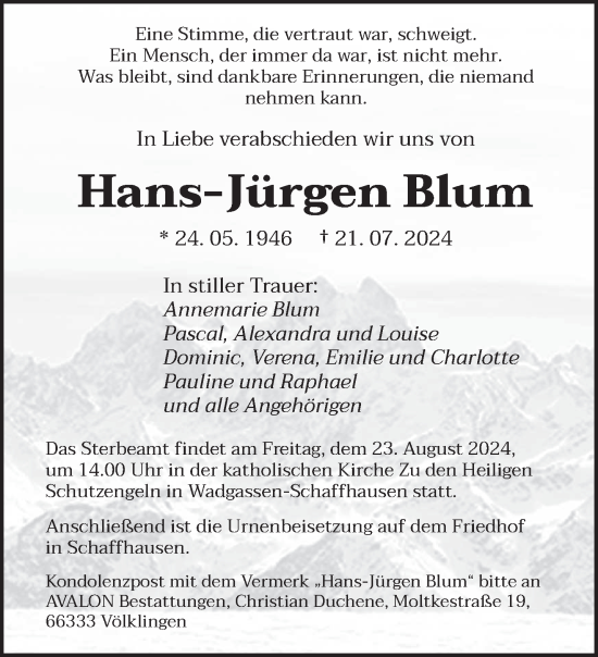 Traueranzeige von Hans-Jürgen Blum von saarbruecker_zeitung