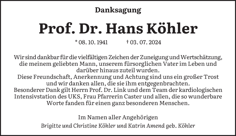  Traueranzeige für Hans Köhler vom 03.08.2024 aus saarbruecker_zeitung