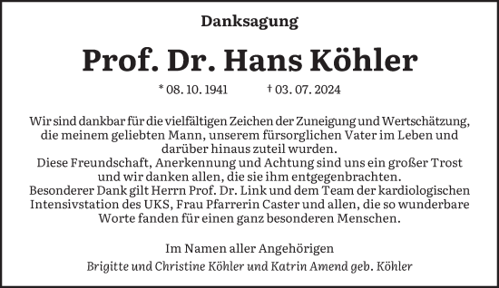 Traueranzeige von Hans Köhler von saarbruecker_zeitung