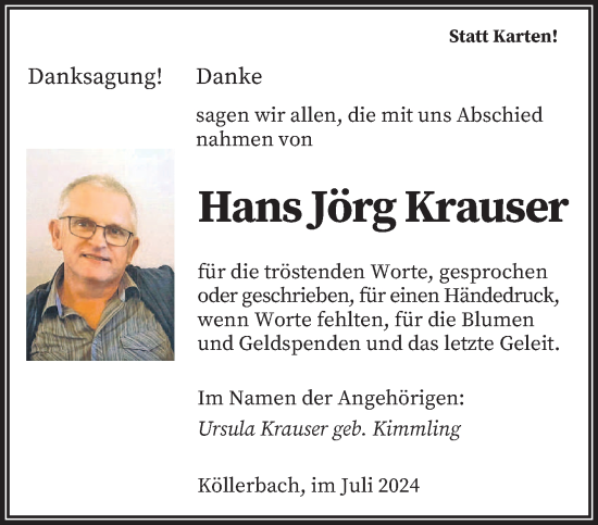 Traueranzeige von Hans Jörg Krauser von saarbruecker_zeitung