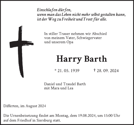 Traueranzeige von Harry Barth von saarbruecker_zeitung