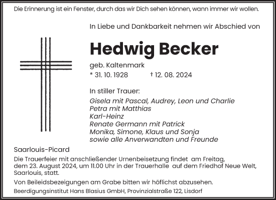 Traueranzeige von Hedwig Becker von saarbruecker_zeitung