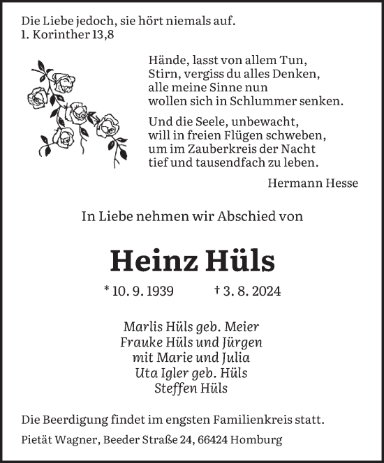 Traueranzeige von Heinz Hüls von saarbruecker_zeitung