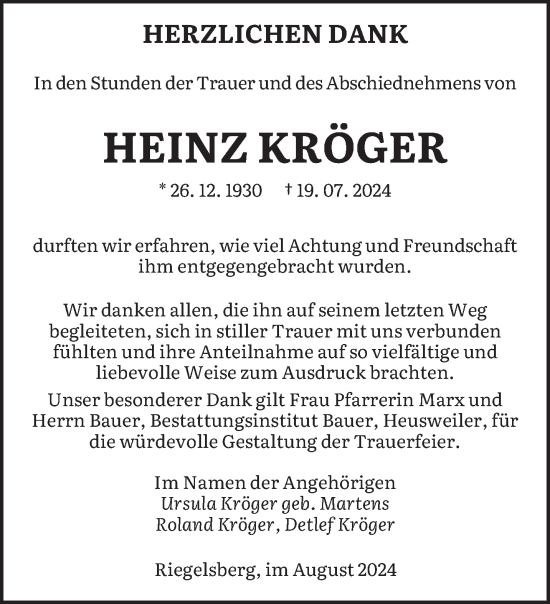 Traueranzeige von Heinz Kröger von saarbruecker_zeitung