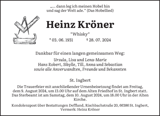 Traueranzeige von Heinz Kröner von saarbruecker_zeitung