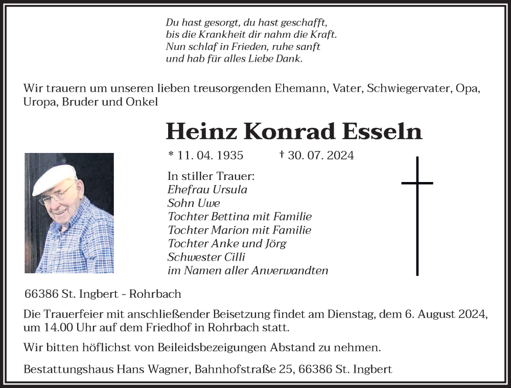  Traueranzeige für Heinz Konrad Esseln vom 03.08.2024 aus saarbruecker_zeitung