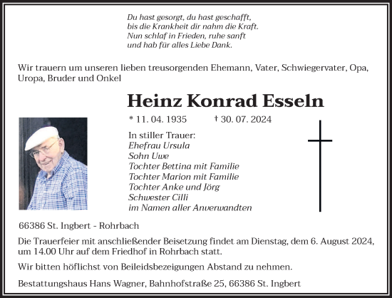 Traueranzeige von Heinz Konrad Esseln von saarbruecker_zeitung