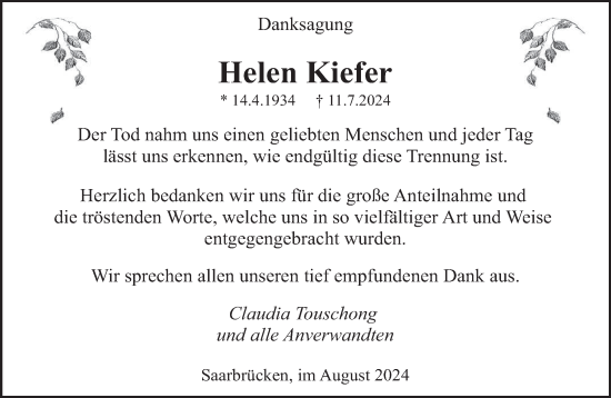 Traueranzeige von Helen Kiefer von saarbruecker_zeitung