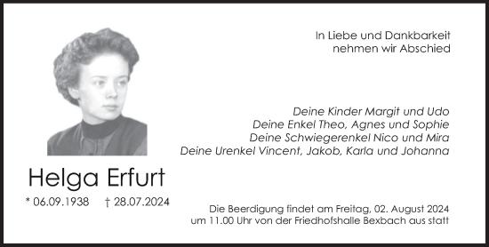 Traueranzeige von Helga Erfurt von saarbruecker_zeitung